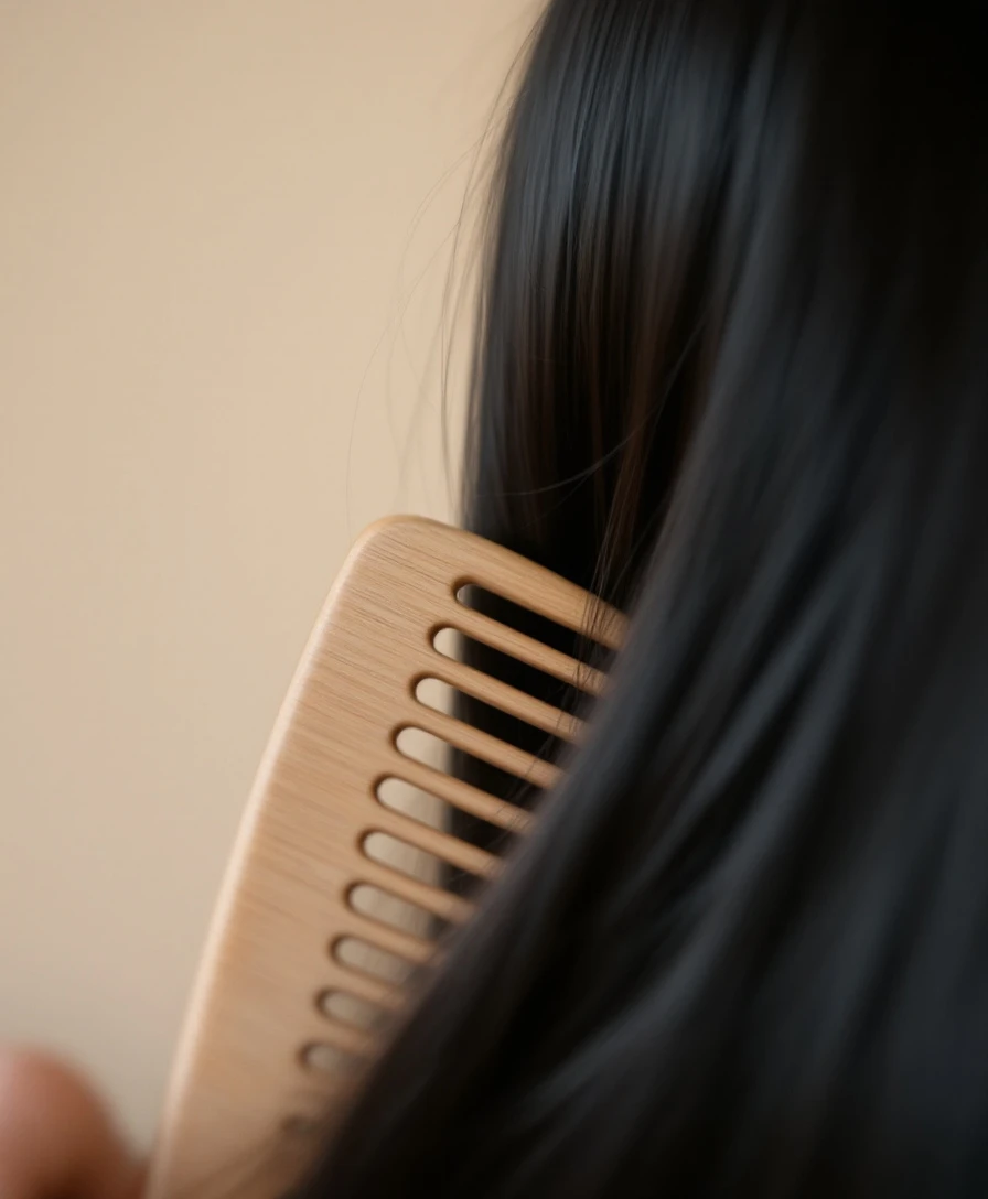 a wooden comb drawn slowly through dark hair