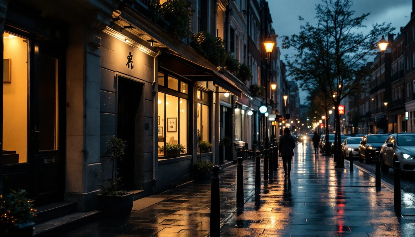 a warm shopfront glow on a rain-wet london street at dusk