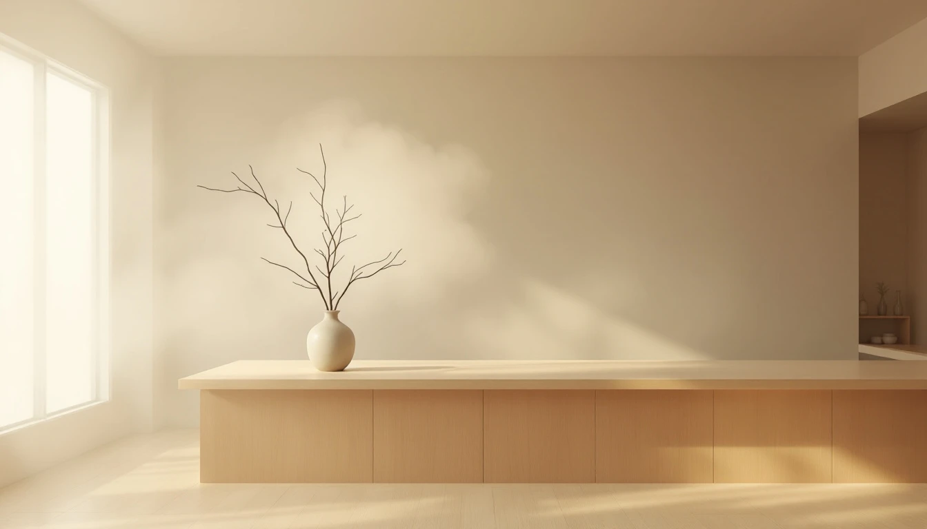 kami salon interior at first light, timber counter and a single branch in a vase