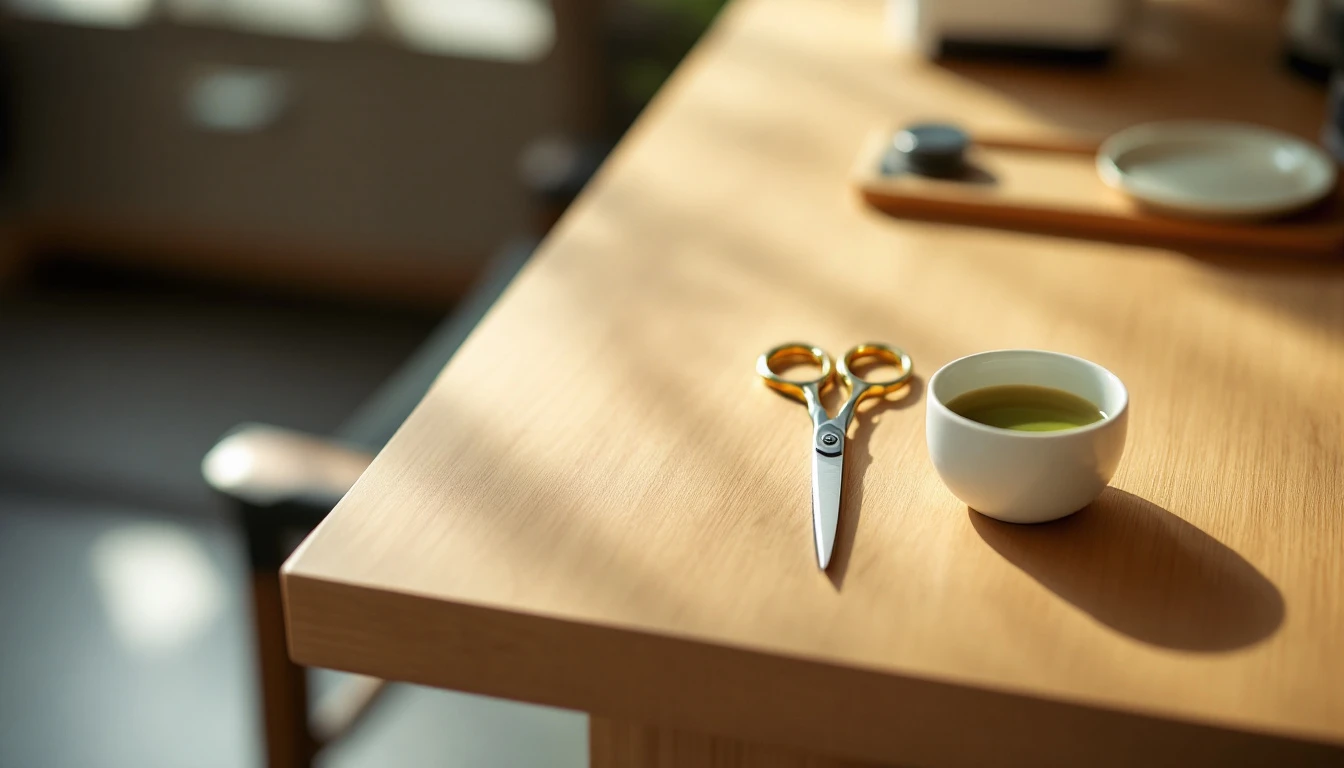 japanese steel scissors and a ceramic cup of tea on a timber counter