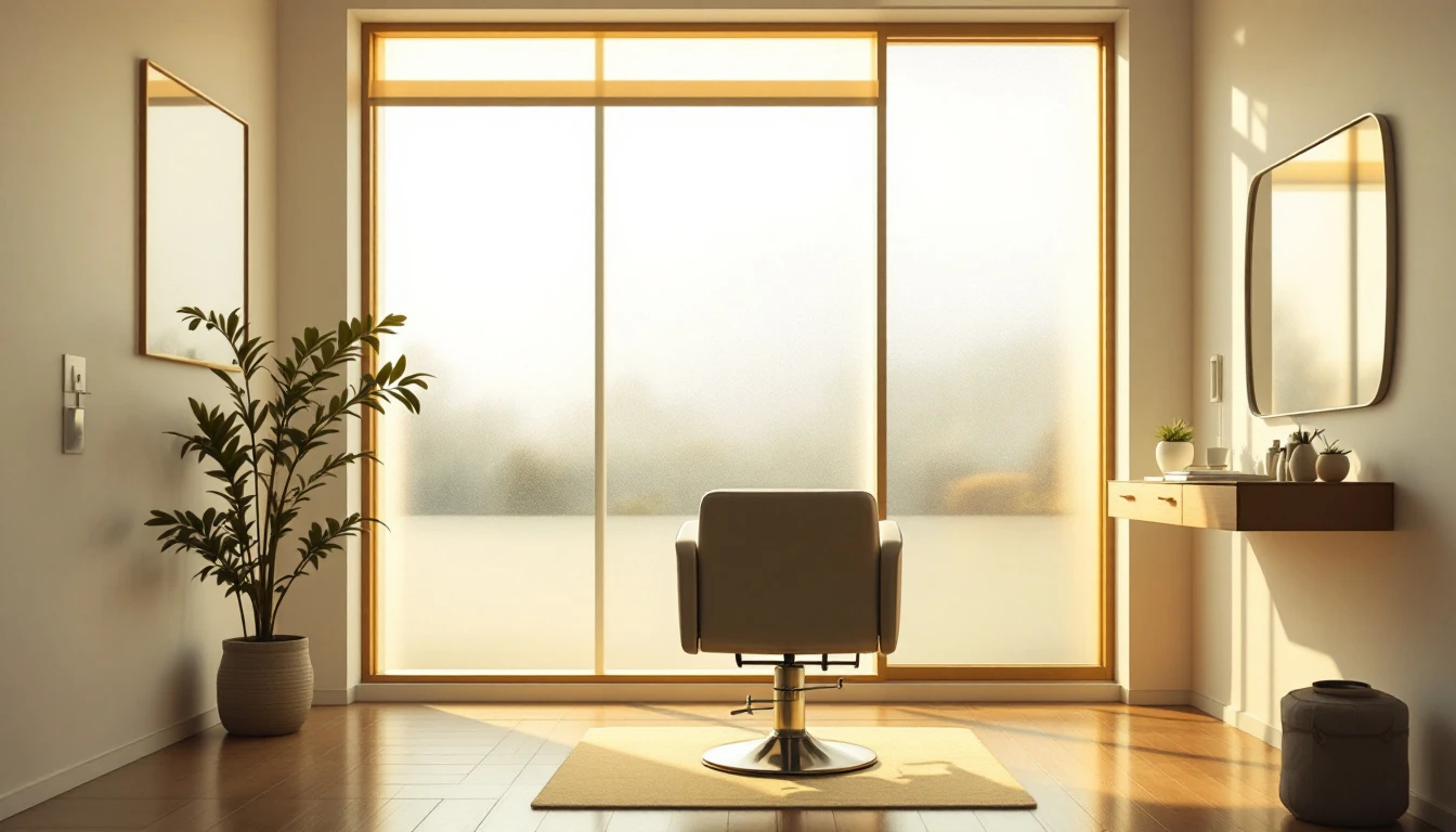 the single styling chair facing a frosted window in golden morning light