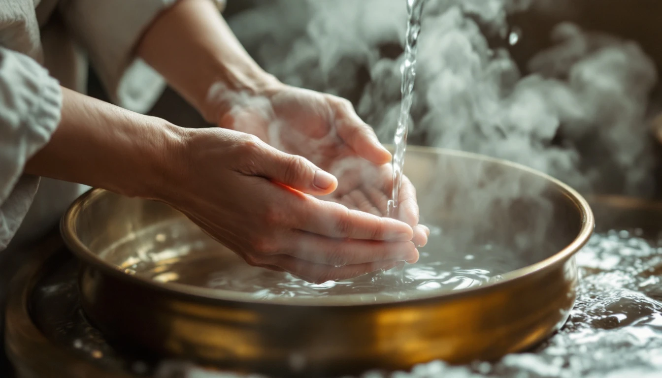 warm water running over hands in a brass basin, steam rising