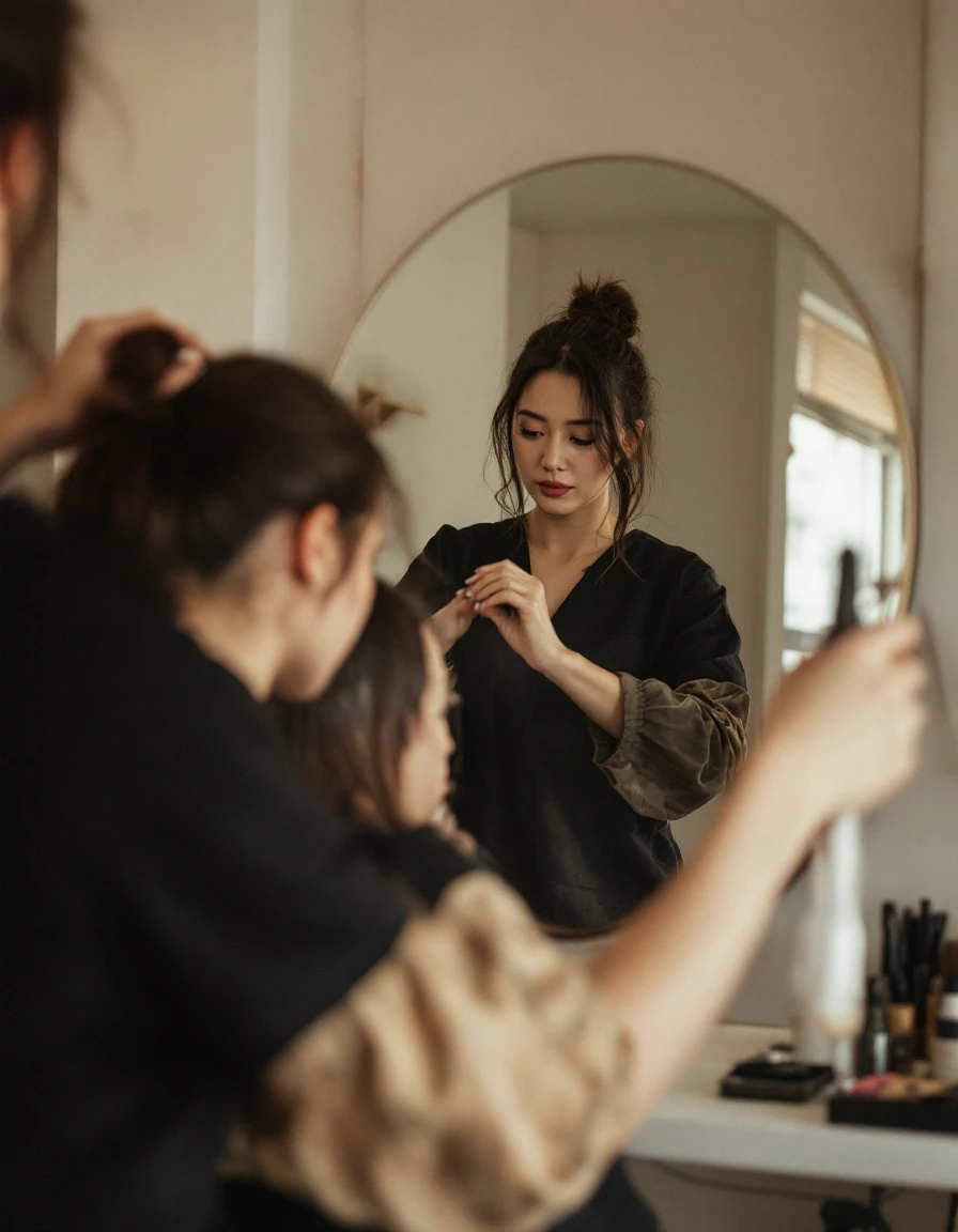 stylist seen from behind, working quietly at the mirror